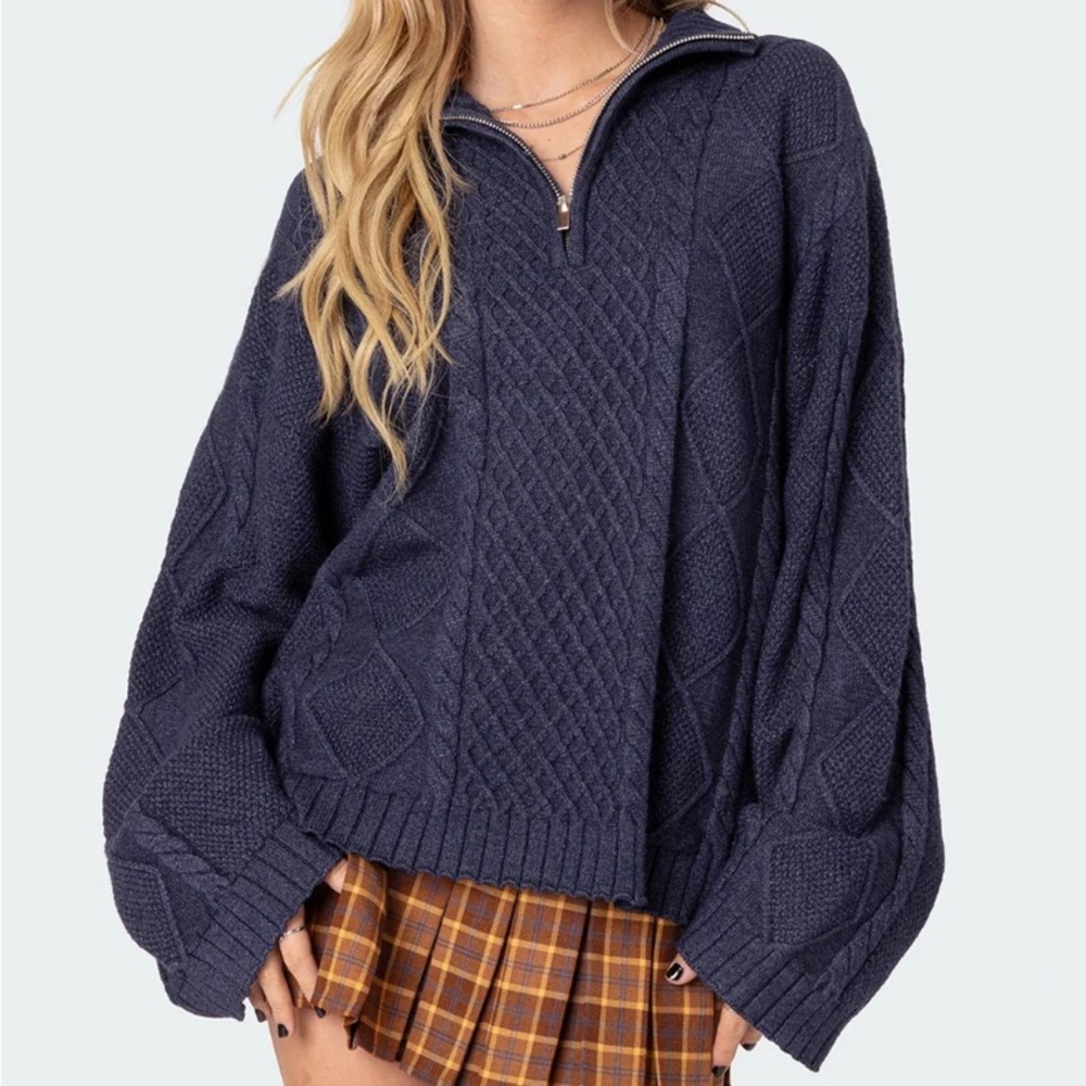 EDIKTED navy oversized quarter zip cable knit sweater